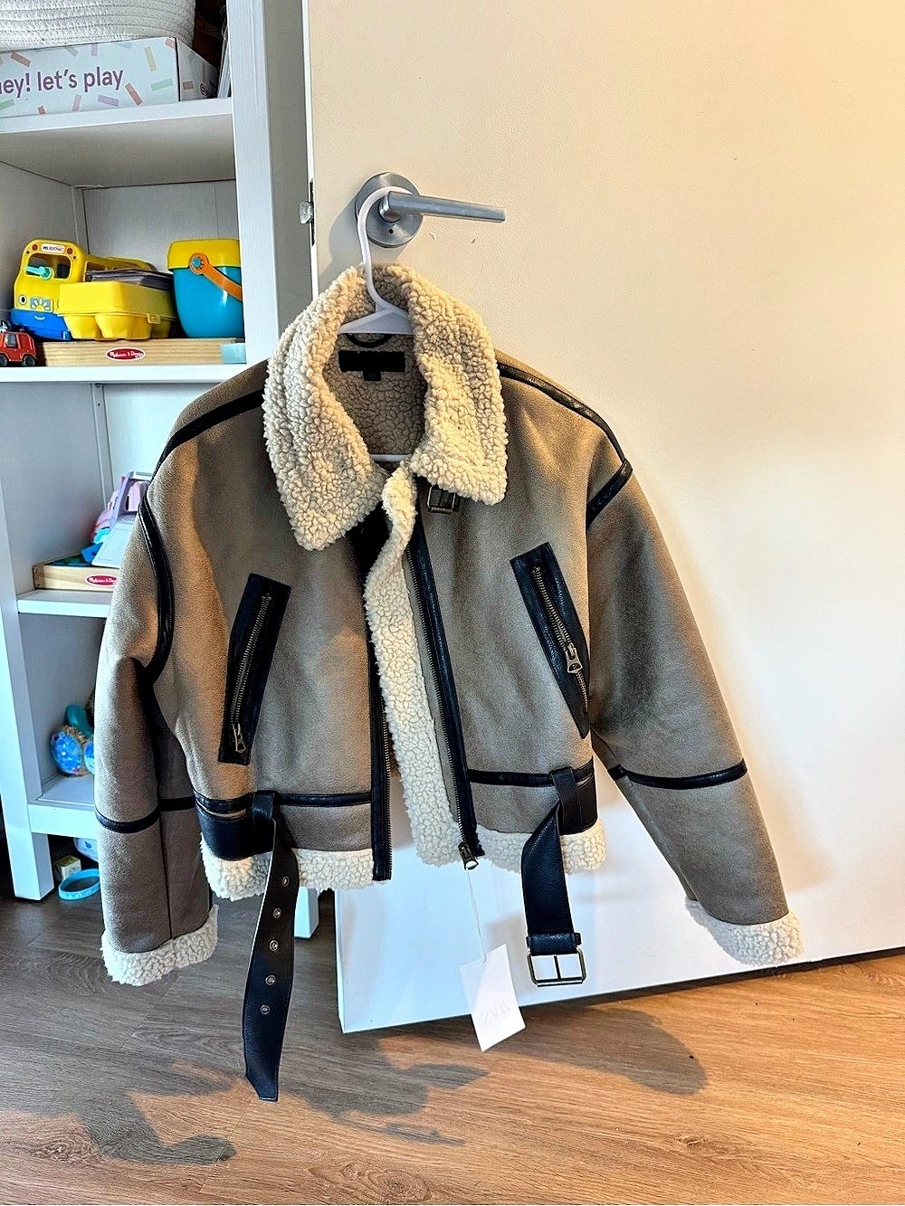 Zara Double-Faced Faux Shearling Biker Jacket Brown & Cream XS